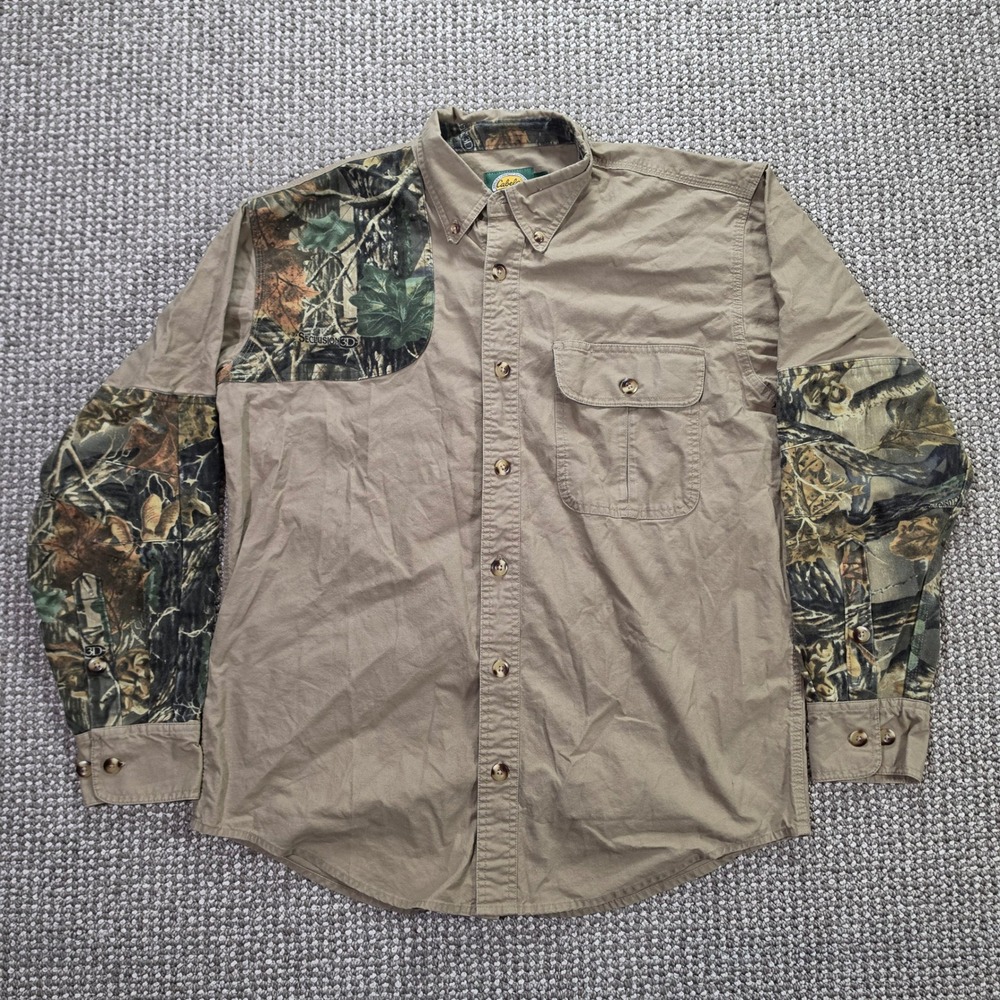 Cabela's Hunting Shirt Men M Regular Seclusion 3D Camo Trim Khaki Button Down